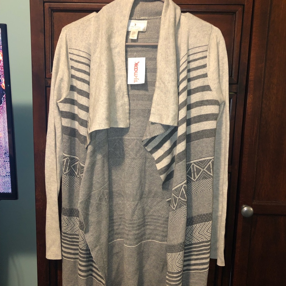 Long gray and cream cardigan, with tags.